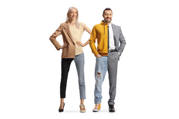 Canvas Print - Man and woman dressed half in bussiness half in casual clothes