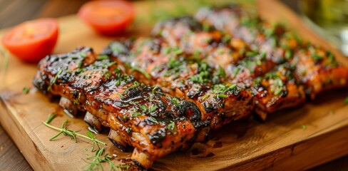 Canvas Print - Capture the smoky aroma and tender juiciness of a perfectly grilled barbecue rib, with its caramelized glaze and fall-off-the-bone meat.