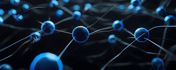 Poster - A network of interconnected nodes symbolizing the complex web of AI networks and their integration with human creativity for innovation, all rendered in shades of blue against a dark background
