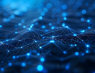 Poster - Abstract background with a blue glowing digital network and connections on a dark blue background, in the style of technology concept
