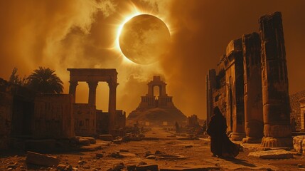 Poster - Capture the fleeting beauty of crescent-shaped shadows cast on the walls of ancient ruins during a partial solar eclipse, as