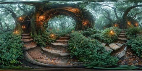 Poster - An immersive 360-degree panorama of a mystical forest maze, where enchanted trees and magical creatures guard the way