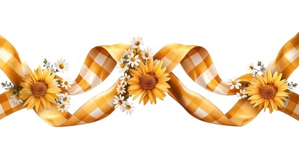 Satin ribbon banners with Bavarian diamond pattern, highlighted by edelweiss flowers, isolated on white for Oktoberfest