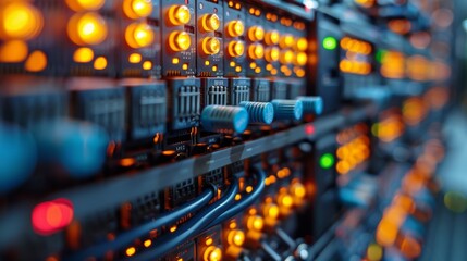 Wall Mural - Close-up shot of a complex audio mixing console with illuminated buttons and sliders