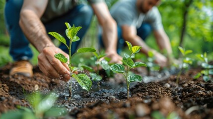 Hands planting and watering seedlings in rich soil, emphasizing environmental conservation and growth