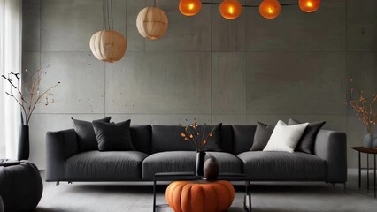 Wall Mural - Modern living room decorated for Halloween with pumpkins.. Minimalist and stylish Halloween decor. Concept of festive home decor, spooky atmosphere