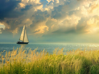 Wall Mural - A sailboat is sailing on a cloudy day