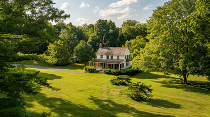 Sticker - A large white house sits in a lush green field