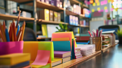 Poster - A colorful assortment of school supplies, including pens, pencils, and notebooks