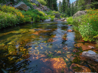 Wall Mural - A stream with a rocky bottom and a lush green bank