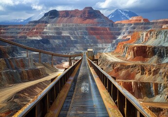 A conveyor belt system transporting freshly mined ore to a processing plant, with mountains of material in the background