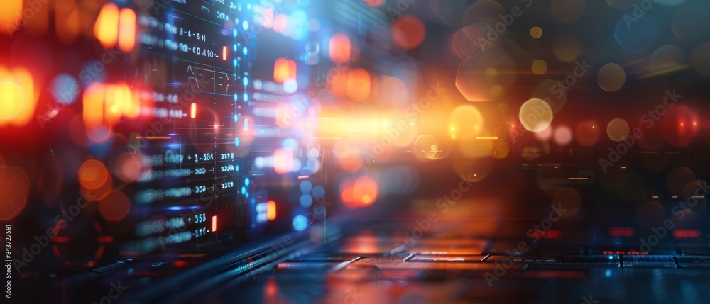 Abstract image of technology with glowing lights and bokeh effect ...