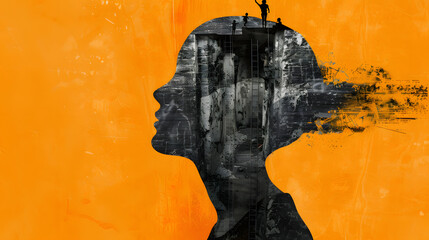  a woman isolated on an orange background has a double exposure of a mine shaft in his head with little 2D vector art style men climbing up 