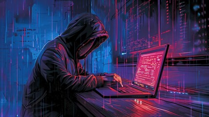 A computer hacker commits crimes in the digital world. Displaying real programming scripts codes and hacking tools. Malware concept. Hacker background.
