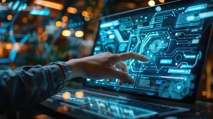 Close up of a person interacting with a futuristic digital display on a laptop, concept of technology and innovation in a modern workspace.