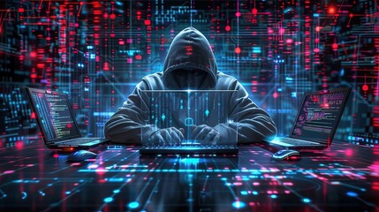 A computer hacker commits crimes in the digital world. Displaying real programming scripts codes and hacking tools. Malware concept. Hacker background.