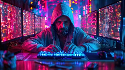 A computer hacker commits crimes in the digital world. Displaying real programming scripts codes and hacking tools. Malware concept. Hacker background.