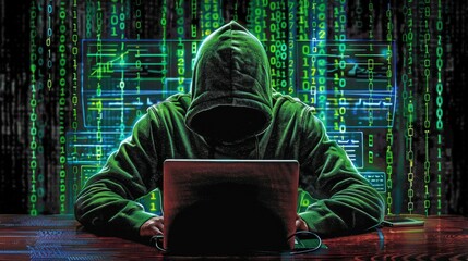A computer hacker commits crimes in the digital world. Displaying real programming scripts codes and hacking tools. Malware concept. Hacker background.