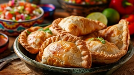 Wall Mural - Empanada, A savory pastry with flaky crust enveloping a delicious filling of meats, vegetables, or sweet ingredients, offering a delightful culinary experience in various cultures.
