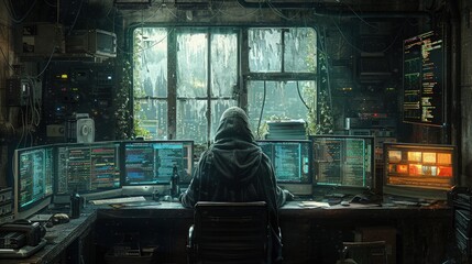 A computer hacker commits crimes in the digital world. Displaying real programming scripts codes and hacking tools. Malware concept. Hacker background.