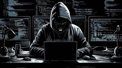 A computer hacker commits crimes in the digital world. Displaying real programming scripts codes and hacking tools. Malware concept. Hacker background.