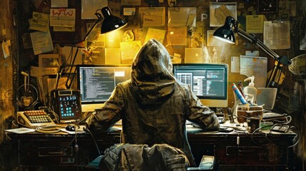 Wall Mural - A computer hacker commits crimes in the digital world. Displaying real programming scripts codes and hacking tools. Malware concept. Hacker background.