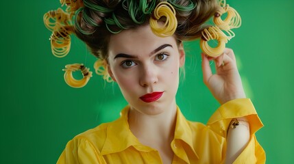 Aufkleber - Young woman spinning spaghetti on hair curlers against green background Unusual presentation of food Restaurant menu Concept of food pop art photography creativity quirky style : Generative AI