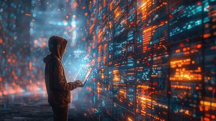 A computer hacker commits crimes in the digital world. Displaying real programming scripts codes and hacking tools. Malware concept. Hacker background.