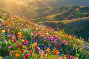 Wall Mural - A vibrant field of wildflowers blooms in the sunlight on a mountain slope.