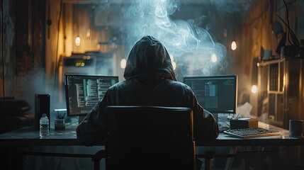 A computer hacker commits crimes in the digital world. Displaying real programming scripts codes and hacking tools. Malware concept. Hacker background.