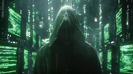 A computer hacker commits crimes in the digital world. Displaying real programming scripts codes and hacking tools. Malware concept. Hacker background.