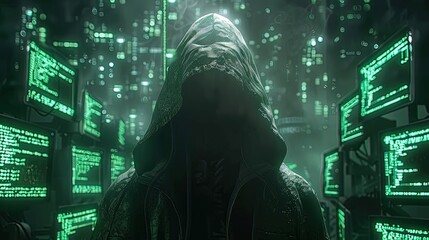 A computer hacker commits crimes in the digital world. Displaying real programming scripts codes and hacking tools. Malware concept. Hacker background.