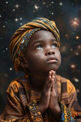 Wall Mural - Little African American boy praying while looking up