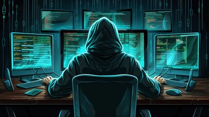 Wall Mural - A computer hacker commits crimes in the digital world. Displaying real programming scripts codes and hacking tools. Malware concept. Hacker background.