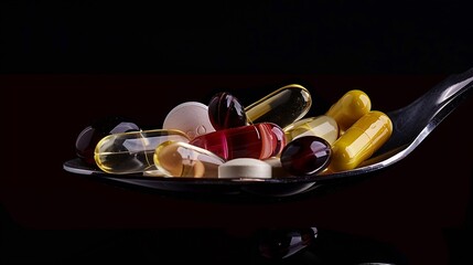 Aufkleber - Various vitamin and mineral pills food supplement health product in transparent spoon : Generative AI