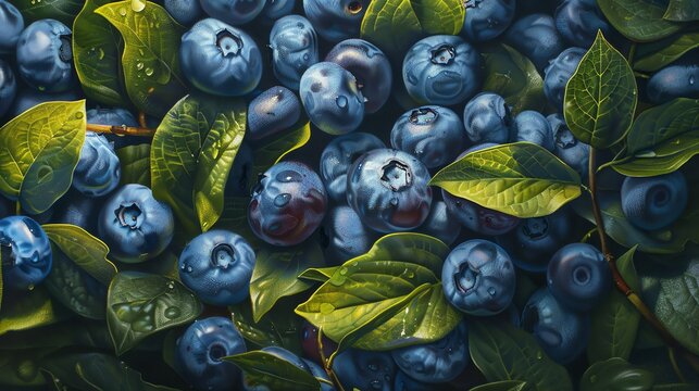 Fresh blueberries with green leaves,  close-up view.
