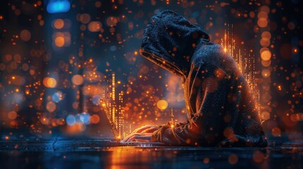A computer hacker commits crimes in the digital world. Displaying real programming scripts codes and hacking tools. Malware concept. Hacker background.