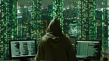 A computer hacker commits crimes in the digital world. Displaying real programming scripts codes and hacking tools. Malware concept. Hacker background.