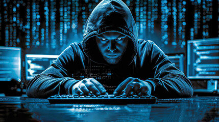 A computer hacker commits crimes in the digital world. Displaying real programming scripts codes and hacking tools. Malware concept. Hacker background.