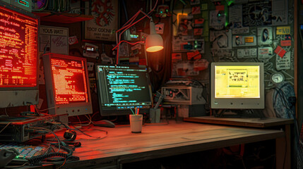 A computer hacker commits crimes in the digital world. Displaying real programming scripts codes and hacking tools. Malware concept. Hacker background.