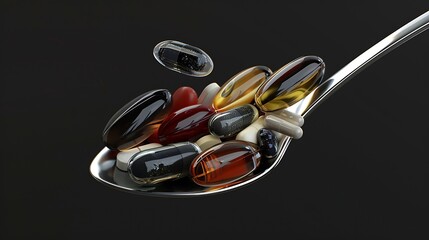 Aufkleber - Various vitamin and mineral pills food supplement health product in transparent spoon : Generative AI