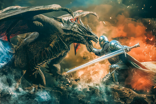 A knight fighting a majestic dragon, a fantasy scene