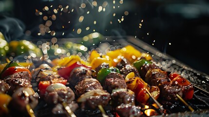 In Nanjichang Night Market a spot known for its affordable and diverse food this closeup showcases various skewered ingredients at a barbecue stall It includes chicken wild boar bell p : Generative AI