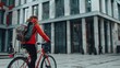 © The Little Hut - Female food delivery person cycling with backpack near building in city : Generative AI