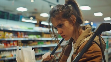 Young sad customer woman wears casual clothes read bill at checkout shopping at supermaket store grocery shop buy with trolley cart choose products in hypermarket Purchasing food gastr : Generative AI