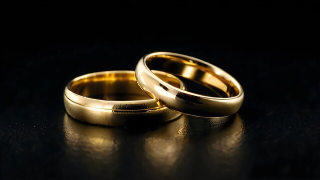 Two gold wedding rings on black background. Romantic symbol of bride and groom.