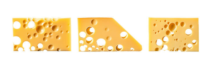 Three slices of Swiss cheese with holes, isolated on a transparent background.