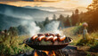 © happyjack29 - Grilled meat sausage on barbecue grill with smoke. Outdoor roasted steak meat, summer family picnic