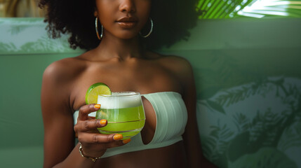 Wall Mural - cropped photography of young hip black woman dressed in green holding a green drink, lime, alcohol cocktail