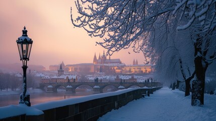 Wall Mural - Charles bridghe with beautiful historical buildings at sunrise in winter in Prague city in Czech Republic in Europe.